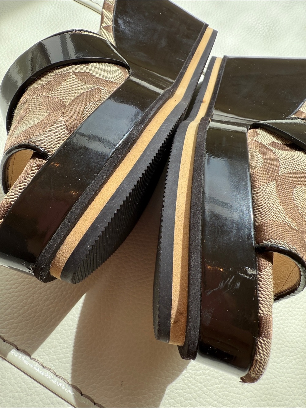 Coach Geri Wedge Sandals Signature Logo Canvas and Patent Leather Trim. - Picture 17 of 17